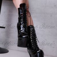 白檀専用衣装-黒エナメルプラットフォーム編み上げショートブーツ/ Enamel platform lace up short boots